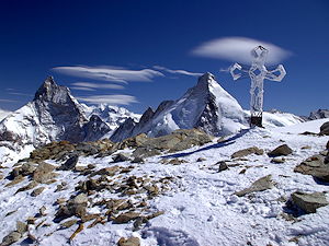 View of Matterhorn and Dent d'Herens from the summit of Tête Blanche, high point of the Haut Route (3,710 m (12,172 ft))