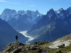 View of Mer de Glace glacier on the French side of the Mt Blanc massif