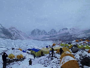 Everest Base Camp during snowfall