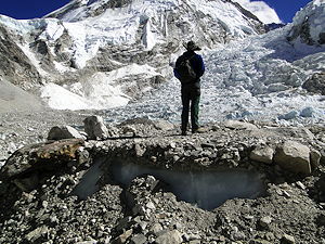 A temporary tent platform on the Khumbu glacier