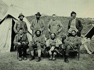 1921 Mount Everest reconnaissance expedition team members. Taken at 17,300 advanced base camp.
