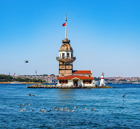 The Maiden's Tower, since the medieval Byzantine period, is a tower lying on a small islet located at the southern entrance of the Bosphorus strait 200 m (220 yd) from the coast of Üsküdar in Istanbul, Turkey.