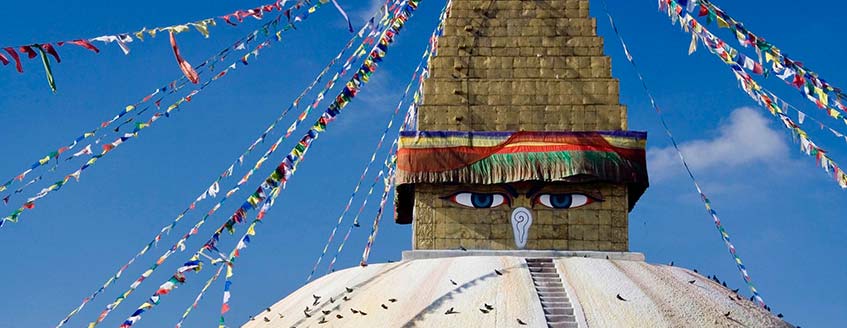 The iconic images of Kathmandu are the prayer flags and Buddha's eyes of the Boudhanath Stupa
