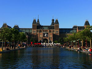 Facade of the Rijksmuseum as seen from the Museum Square in Amsterdam