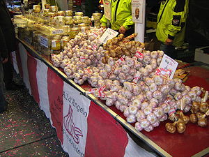 Big amounts of garlic being sold at the annual Onion Market in Bern, Switzerland