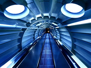 One of the escalators connecting the spheres at the Atomium