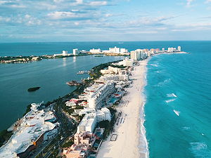 An aerial view of Cancun with its beaches
