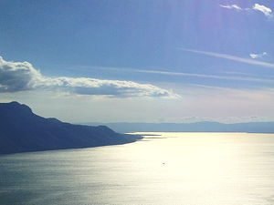 View of Lake Geneva about between Vevey in front and Lausanne in the back
