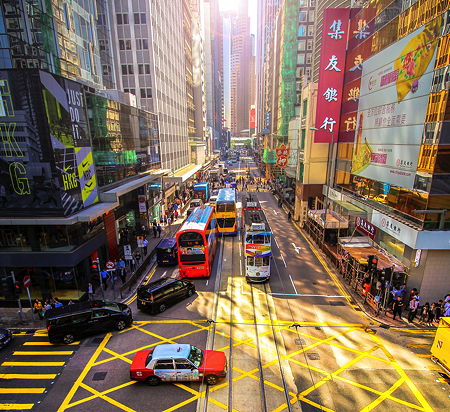 Bright colors at an intersection in Hong Kong, China
