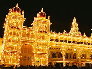 A light up of a building during celebrations