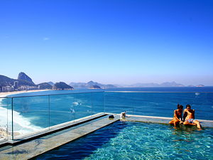 A couple sitting on the edge of a swimming pool