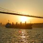 A ship on the Bosphorus at sunset.