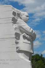 The 28 foot high Martin Luther King Memorial, showing the civil rights advocate emerging from the Stone of Hope.