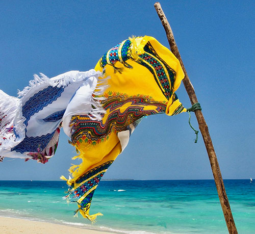 Flags fluttering on a sandy beach
