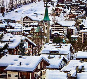 The town of Zermatt deep in snow during winter time